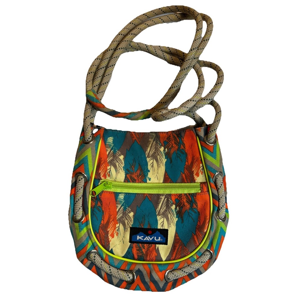 Kavu Phoenix Feather Slingshot Crossbody Rope Bag Teal Orange Cream 9" x 10"